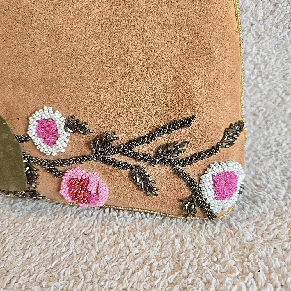 C. Marie Beaded Purse Handbag‎ Brown Suede Floral Design Boho Colorful